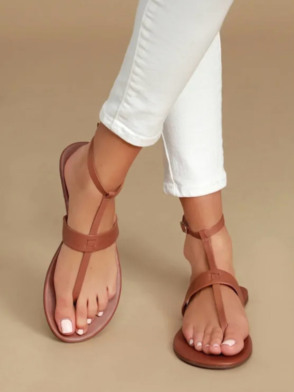 Lulus Colleen Cognac Vachetta Classic Tan T-Strap Women's Sandals